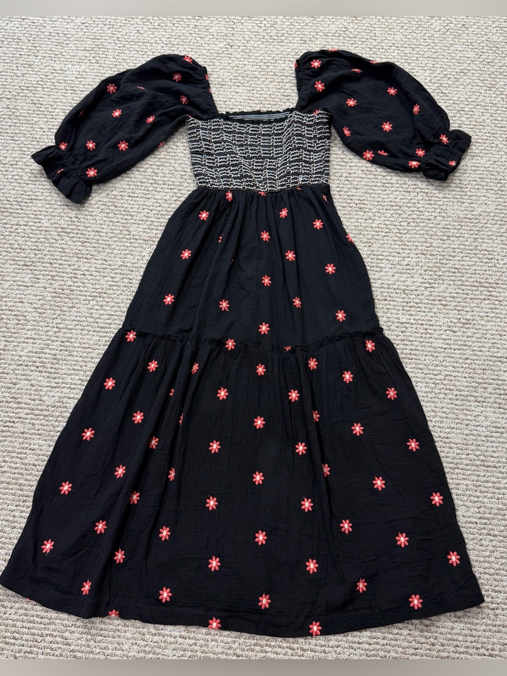Free People Dahlia Embroidered Maxi Dress S /M Tiered Smocked Black Combo Boho - Picture 10 of 15